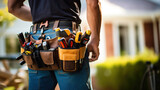 skilled construction worker wearing a tool belt against the backdrop of a house