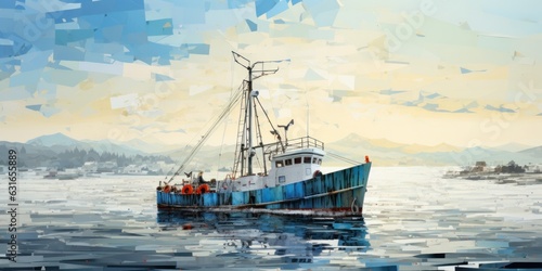 illustration of the fishing boat stopped quietly on the sea, generative AI © VALUEINVESTOR