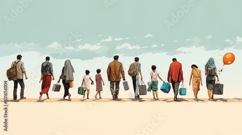 An image of uprooted families walking with their belongings, showcasing the migration crisis and the search for safety. Generative AI photo