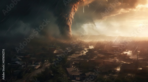 A terrifying sight of a massive tornado tearing through a city, exemplifying nature's raw destructive power. Generative AI