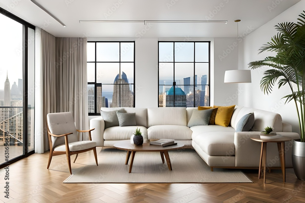 Urban jungle in bright living room interior with white sofa with knot pillows and wooden furniture, copy space on empty wall. Template Urban jungle in bright living room interior with white sofa with knot pillows and wooden furniture, copy space on empty wall. Template