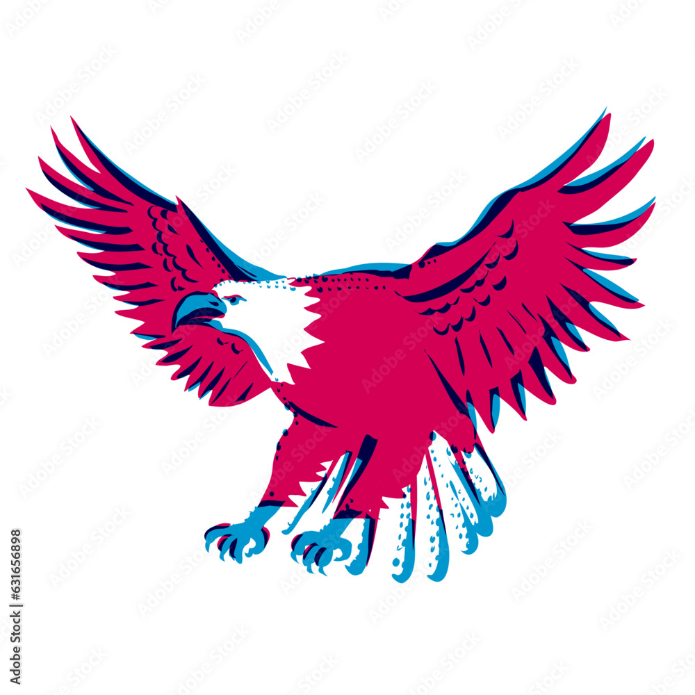 Obraz premium Risograph technique illustration of a bald eagle flying swooping down done in retro riso effect digital screen printing style. 