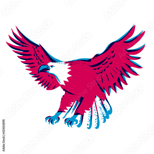 Risograph technique illustration of a bald eagle flying swooping down done in retro riso effect digital screen printing style.
