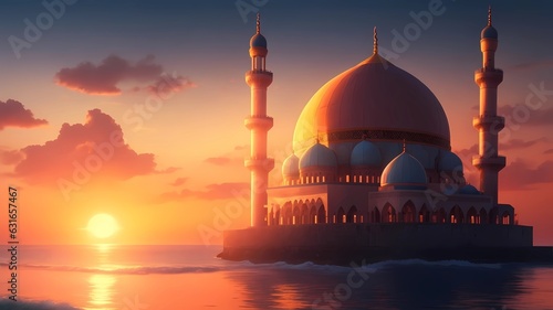 beautiful fantasy mosque in the beach at sunset, generative Ai art