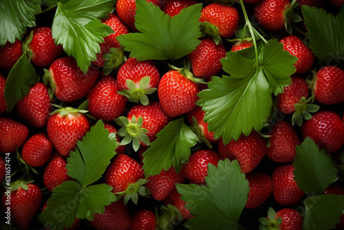 Strawberries with leaves top view background
