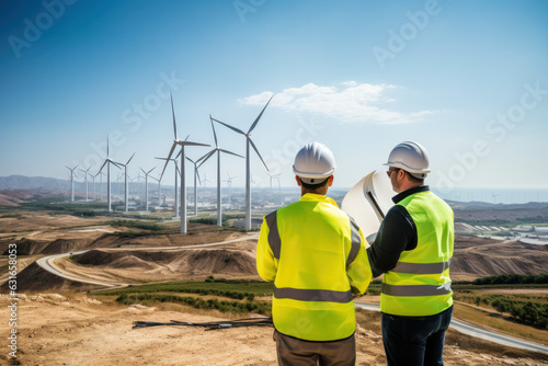 Male and female engineer in uniform with helmet safety using laptop discussing inspection and maintenance of wind turbine in wind farm to generate electrical energy, Renewable power energy