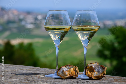 Glasses white wine from vineyards of Sancerre  Chavignol appelation and example of flint pebbles soil, near Sancerre village, Cher, Loire valley, France photo