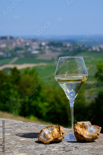 Glasses white wine from vineyards of Sancerre  Chavignol appelation and example of flint pebbles soil  near Sancerre village  Cher  Loire valley  France