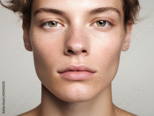 a closeup photo portrait of a beautiful tomboy girl with short hair. studio photo isolated on white background. serious looking straight in front camera. perfect for ad. Generative AI photo