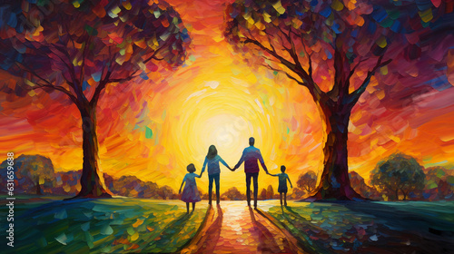 A dreamy illustration of an LGBTQ + family, all three members holding hands in a picturesque park, at sunset, oversaturated colors, surrealistic, impressionistic oil painting