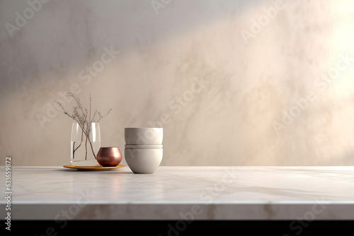 Light gray plaster wall background with marble kitchen countertop. (Generative AI)