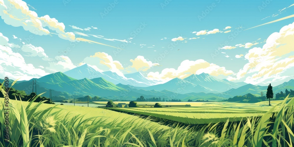 a green rice field, the rice is swaying in the wind, generative AI a green rice field, the rice is swaying in the wind, generative AI
