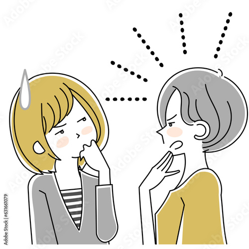 怒っている人とそれを引いて聞いている2人の女性