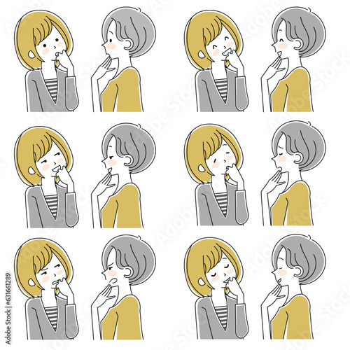 会話する2人の女性のいろいろな表情のバリエーション