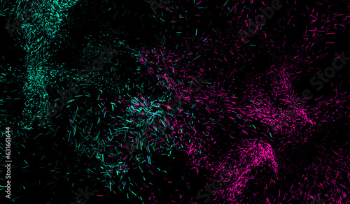 3D abstract digital technology particles fragmentation and mixing of green-pink on black background.