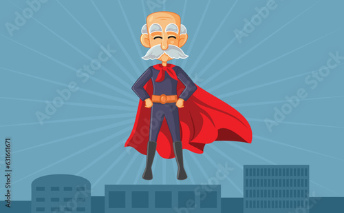 Senior Superhero Flying Over a Cityscape Vector Cartoon illustration. Funny cheerful elderly super strong grandpa feeling invincible 
