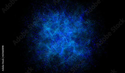 3D abstract digital technology particles fragmentation and mixing of blue on black background.