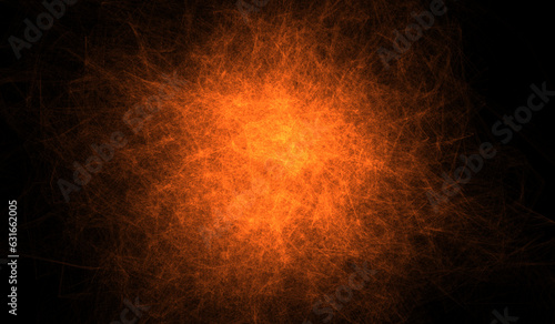 3D abstract digital technology particles fragmentation and mixing of orange on black background.
