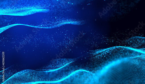 3D abstract digital technology blue light particles network wave on blue background. © Jonh_Walker