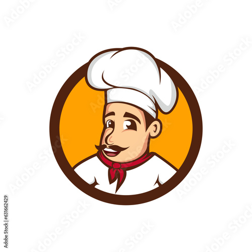 Professional restaurant chef label logo, Smiling male chef. Vector illustration for Food industry chef character.