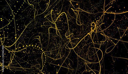 3D abstract digital technology orange light particles network on black background.