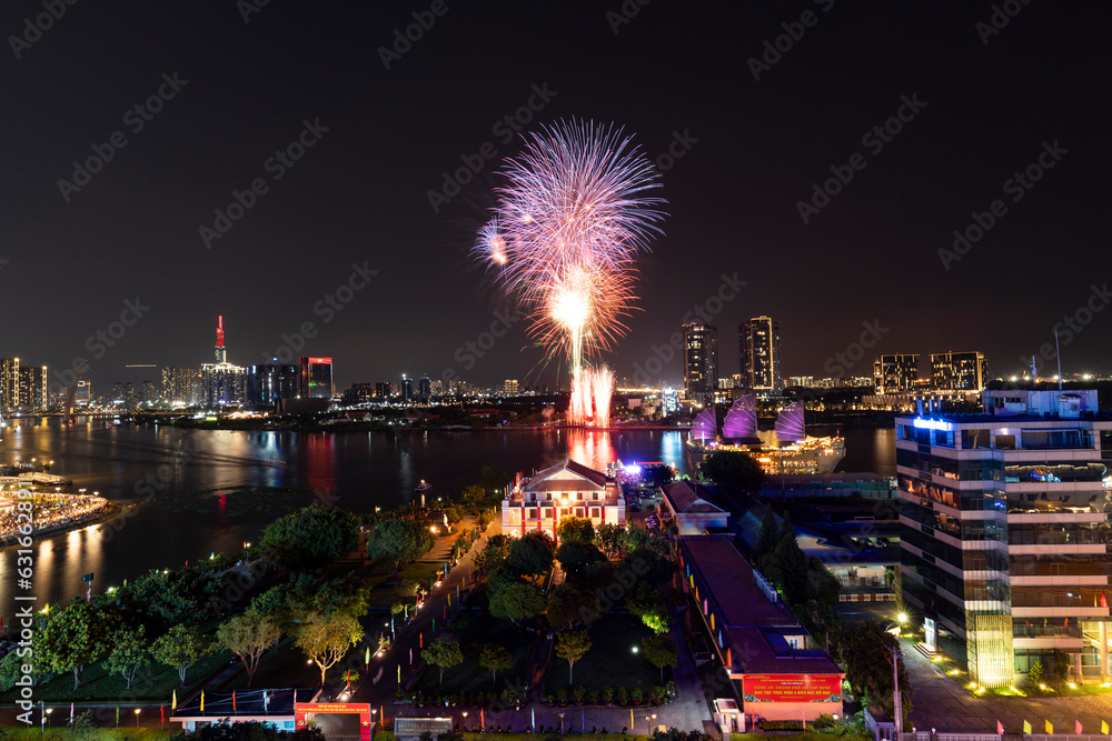 fireworks over the city, April 30 holiday in Saigon, Vietnam