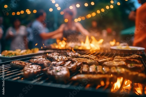 Outdoor barbeque with friends and family grilled steak and chicken with background of blurred person