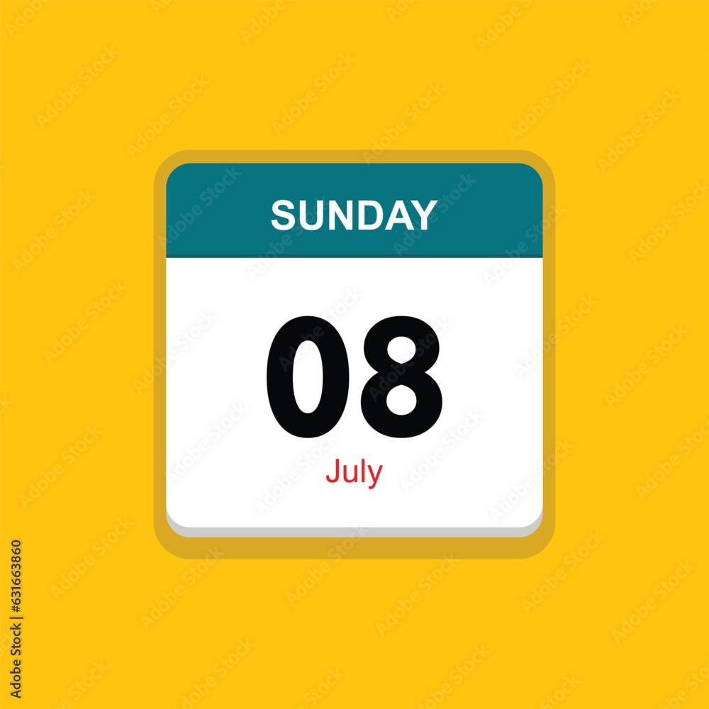 july 08 sunday icon with yellow background, calender icon