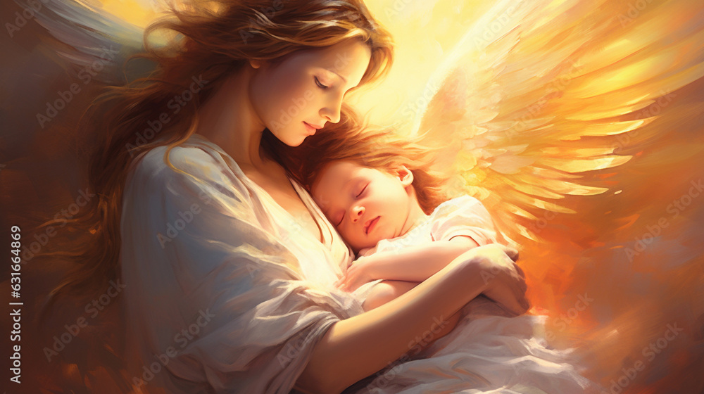 A tender moment captured: Guardian angel mother shielding her child. Enhance web, ads, and projects with heartfelt imagery - obrazy, fototapety, plakaty 