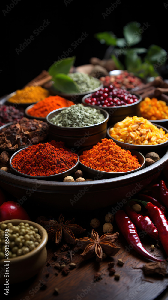 Various aromatic colorful spices and herbs. Ingredients for cooking and Ayurveda treatments.