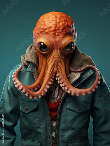 An Anthropomorphic Octopus Wearing Cool Urban Street Clothes