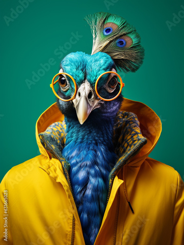 An Anthropomorphic Peacock Wearing Cool Urban Street Clothes