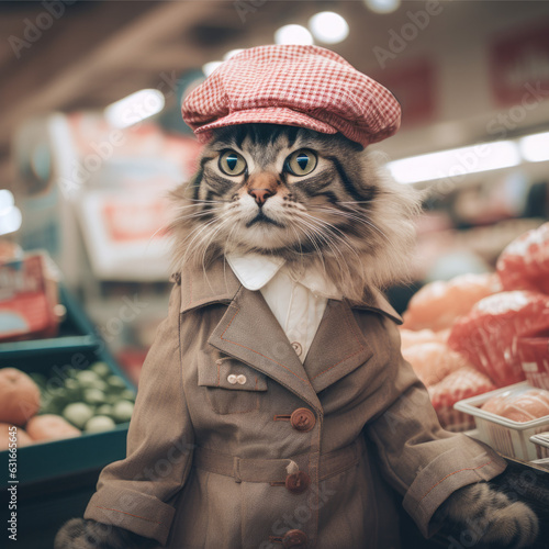 Illustration of an anthropomorphic cat in the grocery store. AI-generated art.