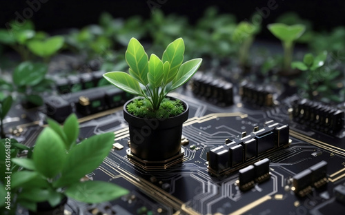 Little plant growing on computer mainboard, Generative AI Illustration.