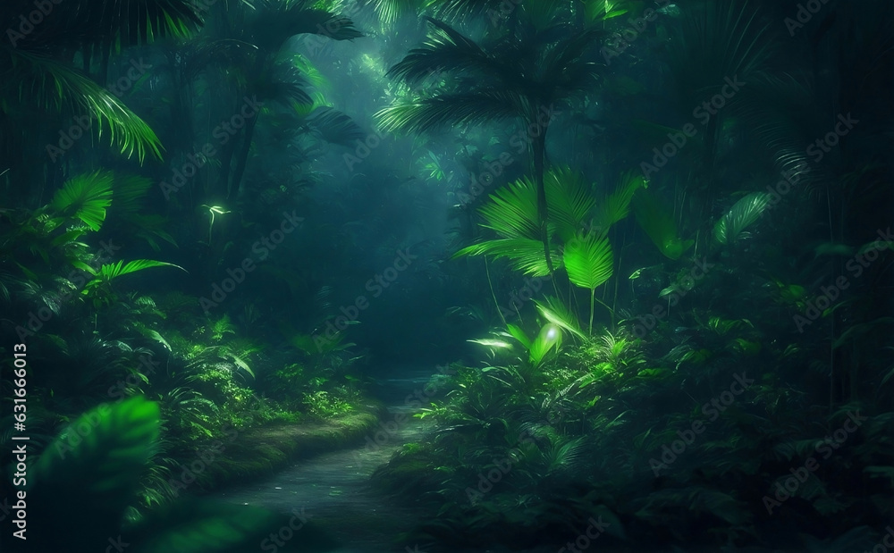 Dark beautiful rain forest, Generative AI Illustration.