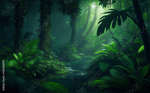 Dark beautiful rain forest  Generative AI Illustration.