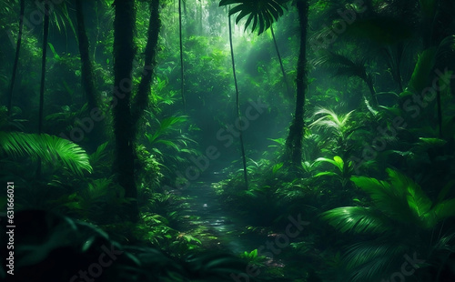 Dark beautiful rain forest, Generative AI Illustration.