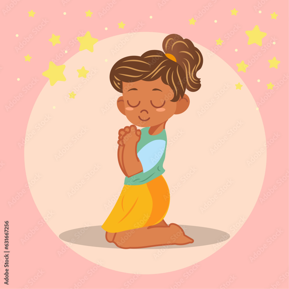 Little girl praying, cartoon, flat design, pink background, yellow stars Little girl praying, cartoon, flat design, pink background, yellow stars