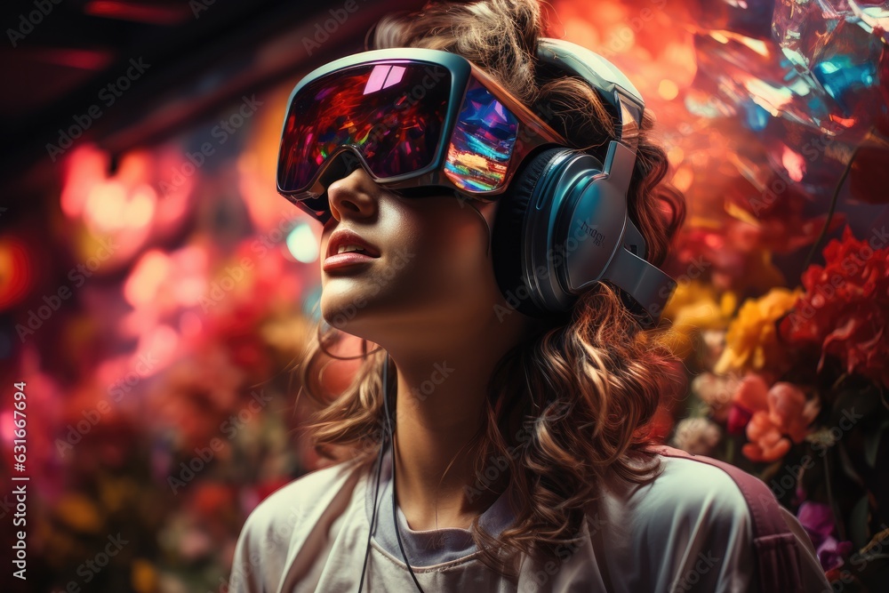 Woman wearing VR headset user, surreal world and virtual reality, colorful flowers fields. Generative AI Woman wearing VR headset user, surreal world and virtual reality, colorful flowers fields. Generative AI