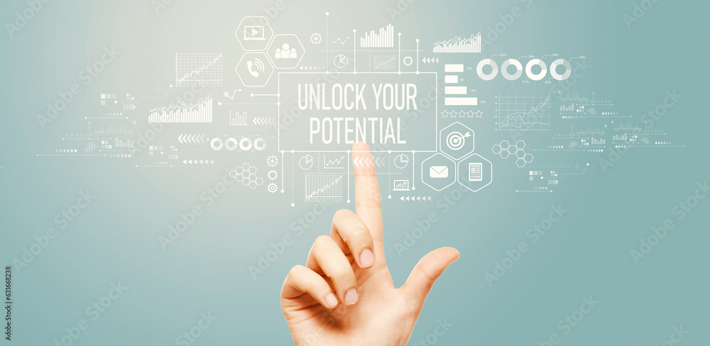 Unlock your potential theme with hand pressing a button on a technology screen Unlock your potential theme with hand pressing a button on a technology screen