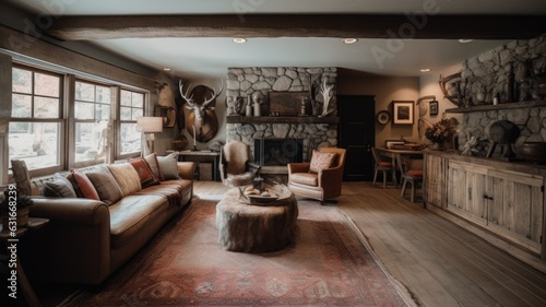 Living room decor, home interior design . Rustic Farmhouse style with Fireplace decorated with Wood and Stone material . Generative AI AIG26. photo