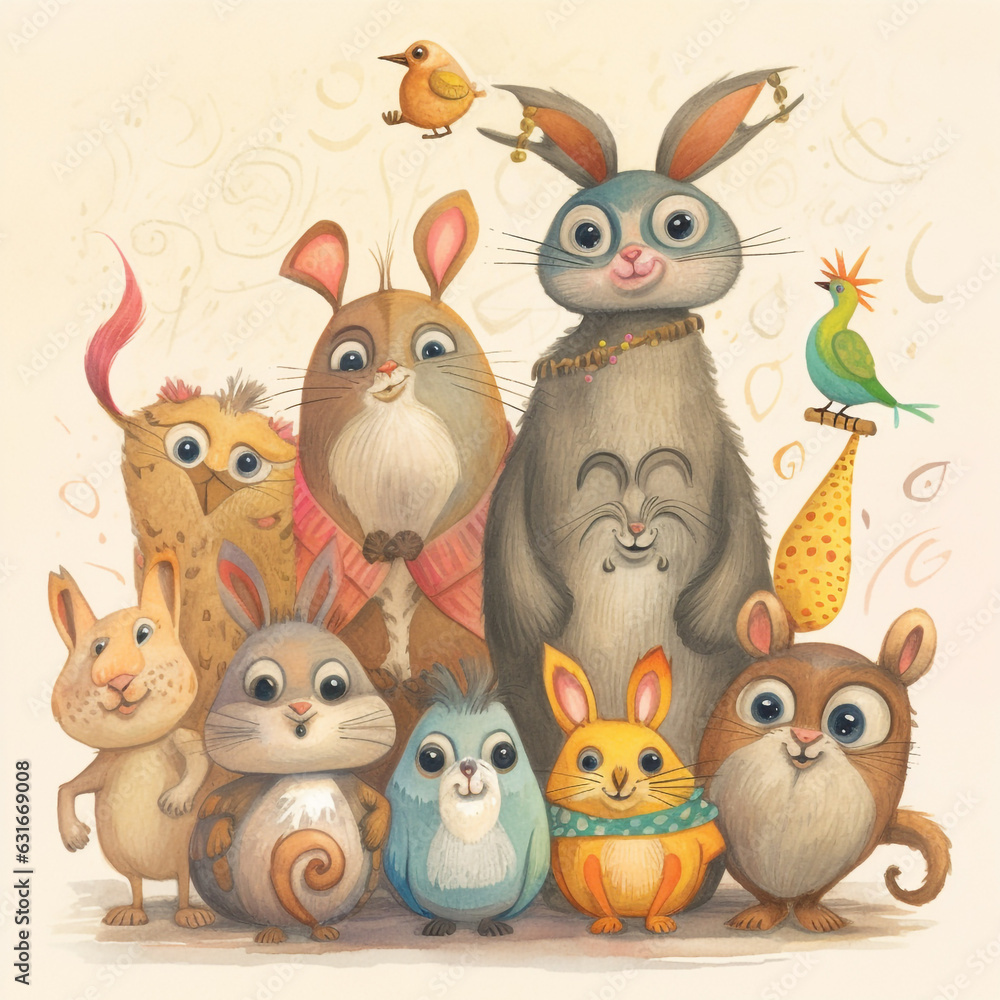 Naklejka premium Cute animals babies cartoon characters with Generative AI