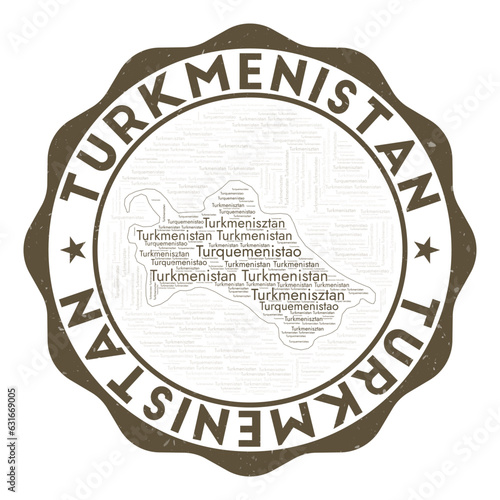 Turkmenistan logo. Amazing country badge with word cloud in shape of Turkmenistan. Round emblem with country name. Superb vector illustration.