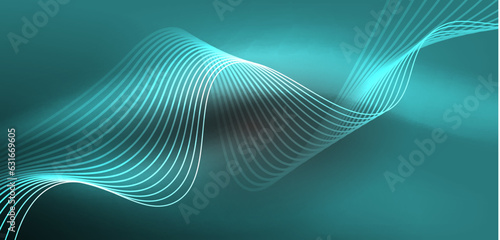 Shiny glowing neon wave. Neon light or laser show, electric impulse, power lines, techno quantum energy impulse, magic glowing dynamic lines