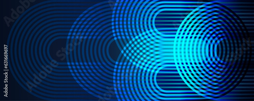  Modern shiny geometric stripe circle line pattern spin blue green on dark blue background. Abstract glowing blue rounded lines in the concept of music, technology, digital, 