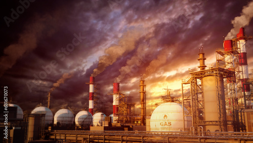 gas thermal electrical power station with storages at sunset, fictive design - industrial 3D rendering