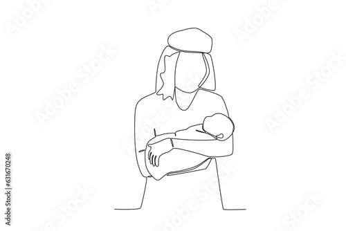 A single line drawing of a midwife holding a baby to be handed over to parents