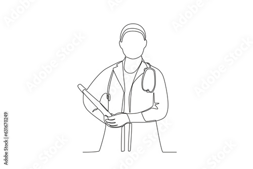 A single line drawing of a midwife carrying a book and a stethoscope