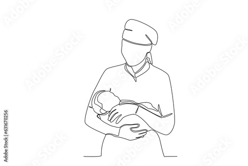 One single line drawing of a midwife holding baby
