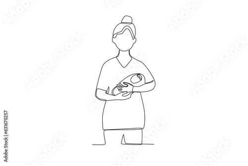 One single line drawing of a midwife holding a baby to be immunized
